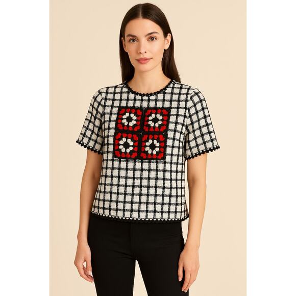 Endless Rose Black White Checkered Crochet Accent Top Sz S NWOT Retro Mod Stylec - Picture 1 of 6